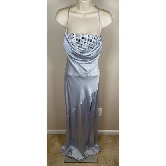 Retrofete Emery Crystal Embellished Silk Cowl Neck Dove Silver Maxi Dress Sz XS - Picture 3 of 8